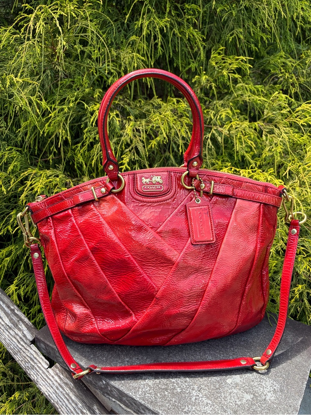 Coach Cherry Red Patent  Leather Madison Diagonal Satchel with Removable Strap